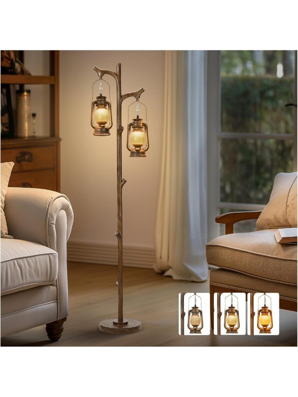 68” Rustic Tree Trunk Floor Lamp with Lantern - Stepless Dimmable Lighting